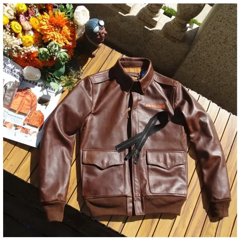 YR!Free shipping.Classic A-2 type Us cowhide coat.Brown A2 air force genuine leather jacket.Bomber.Rider leather cloth