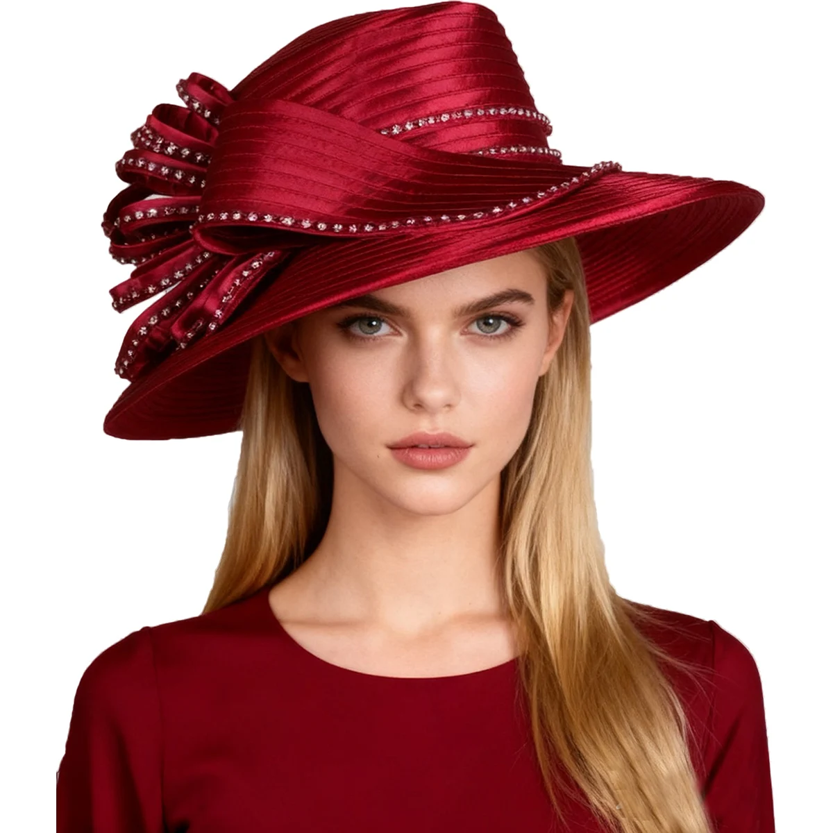 

Женская бордовая кепка-котелок с широкими полями и цветочными стразами, плоский верх, солнцезащитный козырек для свадебной церкви, официальная свадебная чаепития