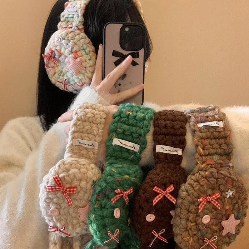 Forest Ethnic Style Knitted Bow Ear Warmer Headband for Women Autumn Winter Warm Crochet Ear Muff Boho Cold Weather Ear Cover