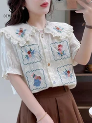 New Spring Cotton Embroidery Shirt Women Peter Pan Collar Short Sleeve Versatile Tops Girl Commute Blouse 2024 Autumn T443134QC