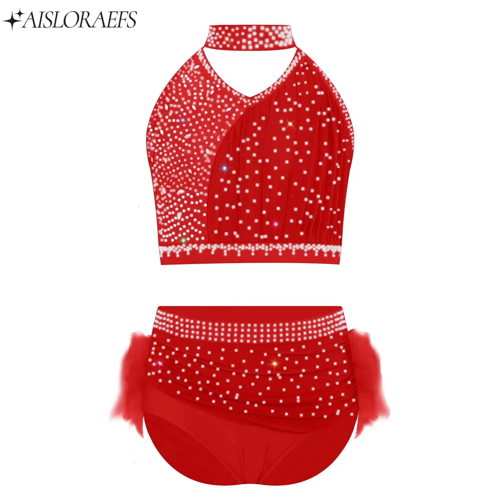 

2Pcs Kids Girls Ballet Lyrical Dance Outfit Rhinestones Tops with Skirts Gymnastics Figure Skating Salsa Latin Dancewear Sets