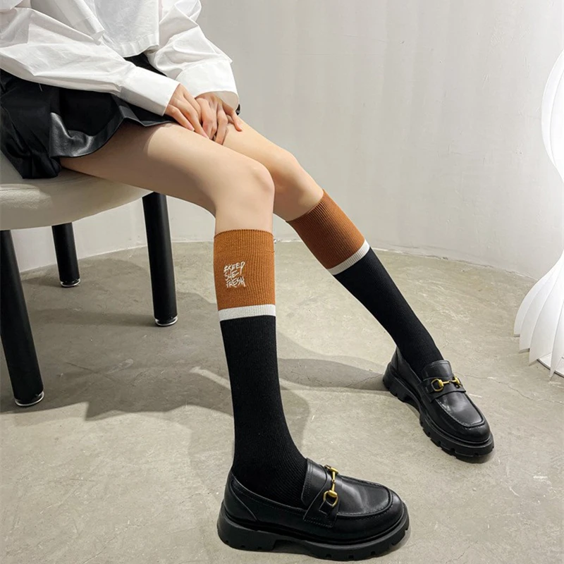 Color blocking Embroidery pattern letter Knee socks women ins fashion Party Queen knee-high stockings Over Knee long ladies girl