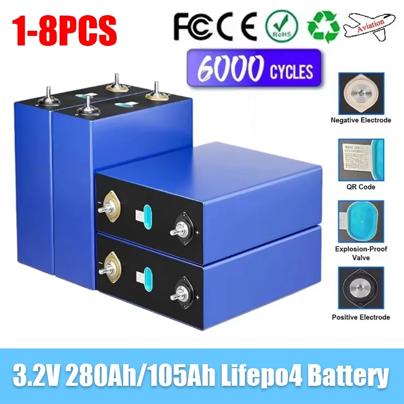 280Ah LiFePO4 Battery Grade A 3.2V 105AH Lithium Iron Phosphate Batteries DIY 12V 24V 48V for RV EV Solar Home Energy Storage