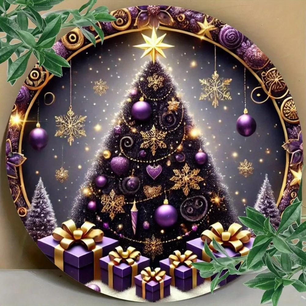 Lila Weihnachtsbaum-Wandschild aus Metall, 20,3 x 20,3 cm – runde Folie geschnitzte runde Plakette, Innen- und Außendekoration für Zuhause, Café, Restaurant