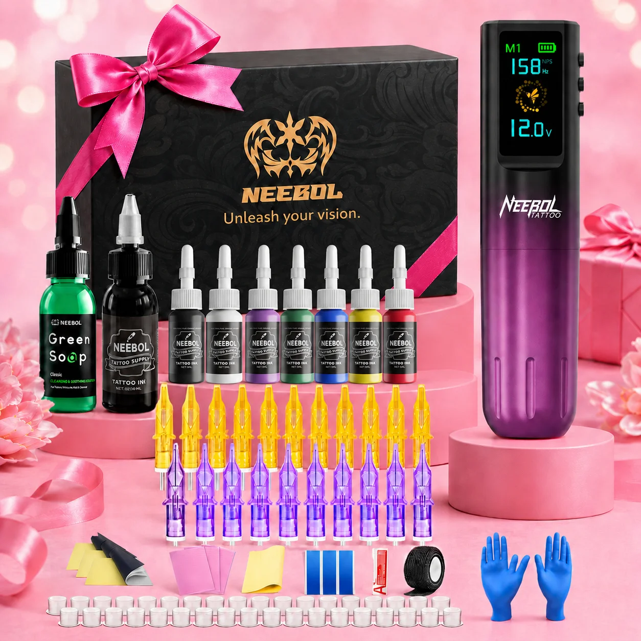 NEEBOL Wireless Tattoo Machine Kit Complete Gift Set, Purple Rotary Tattoo Pen With Display Screen, 3 Memory Modes, Long Battery Life, 20 Cartridge Needles, 7 Color Inks & Black Ink, Practice Skin, Tattoo Supplies For Beginners And Artists