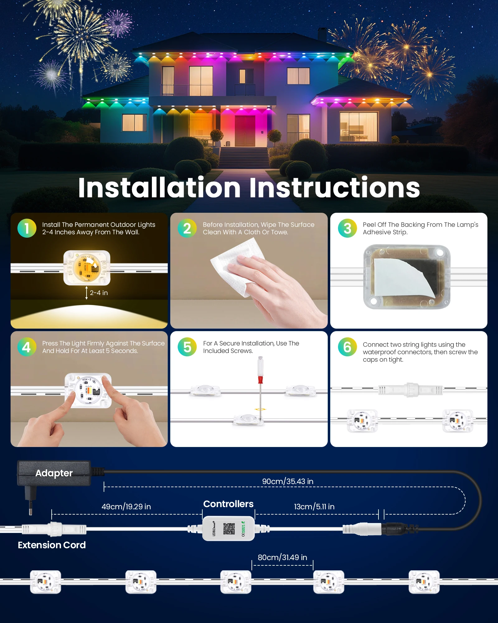 50FT 18LED Permanent Outdoor Eaves LED Lights Waterproof Smart RGBIC String Lights Music Sync Timer DIY Scene Holiday Lighting