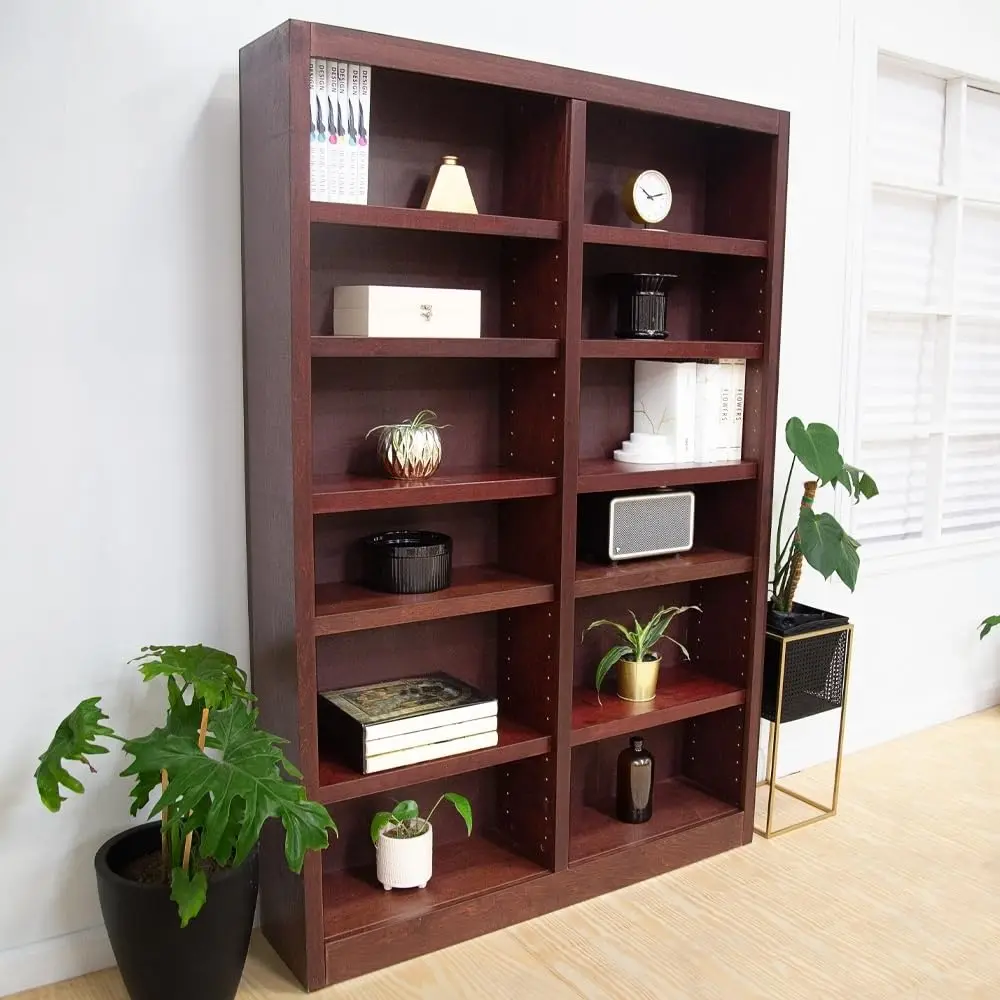Traditional Double Wide Wood Bookcase with 10 Adjustable & 2 Fixed Shelves for Office Home, 84