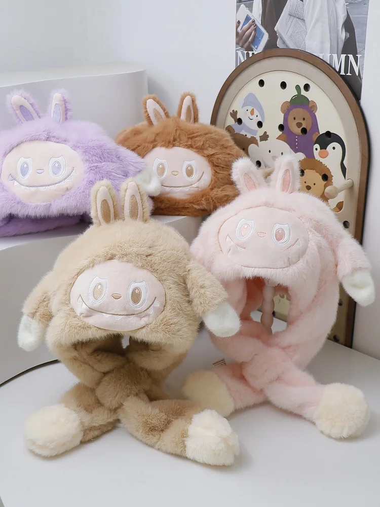 厚手フリース冬用漫画柄動く耳付き帽子スカーフセット子供男の子女の子雷峰風帽子耳保護フリーサイズ