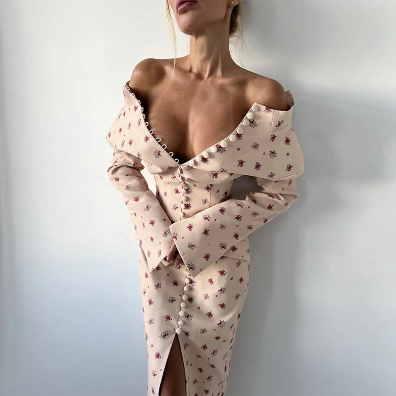 

2026 Spring Women's Sweet Floral Half High Neck Button Down Slim Fit Slit Midi Dress