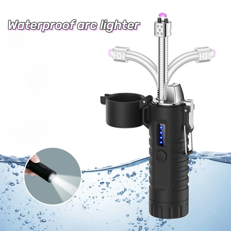 Outdoor Waterproof Double Arc Lighter Intelligent Power Display with Flashlight Portable Multi-Purpose Igniter Charging Lighter