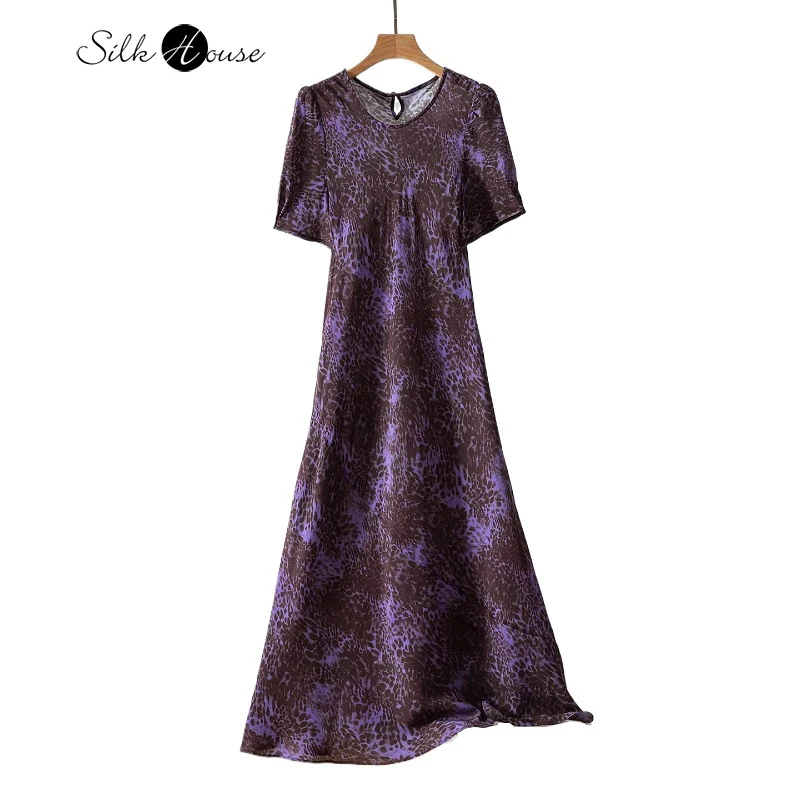 

Elegant Generous 100% Natural Mulberry Silk Crepe De Chine Printed Diagonal Cut Short Sleeved Round Neck Temperament Dress