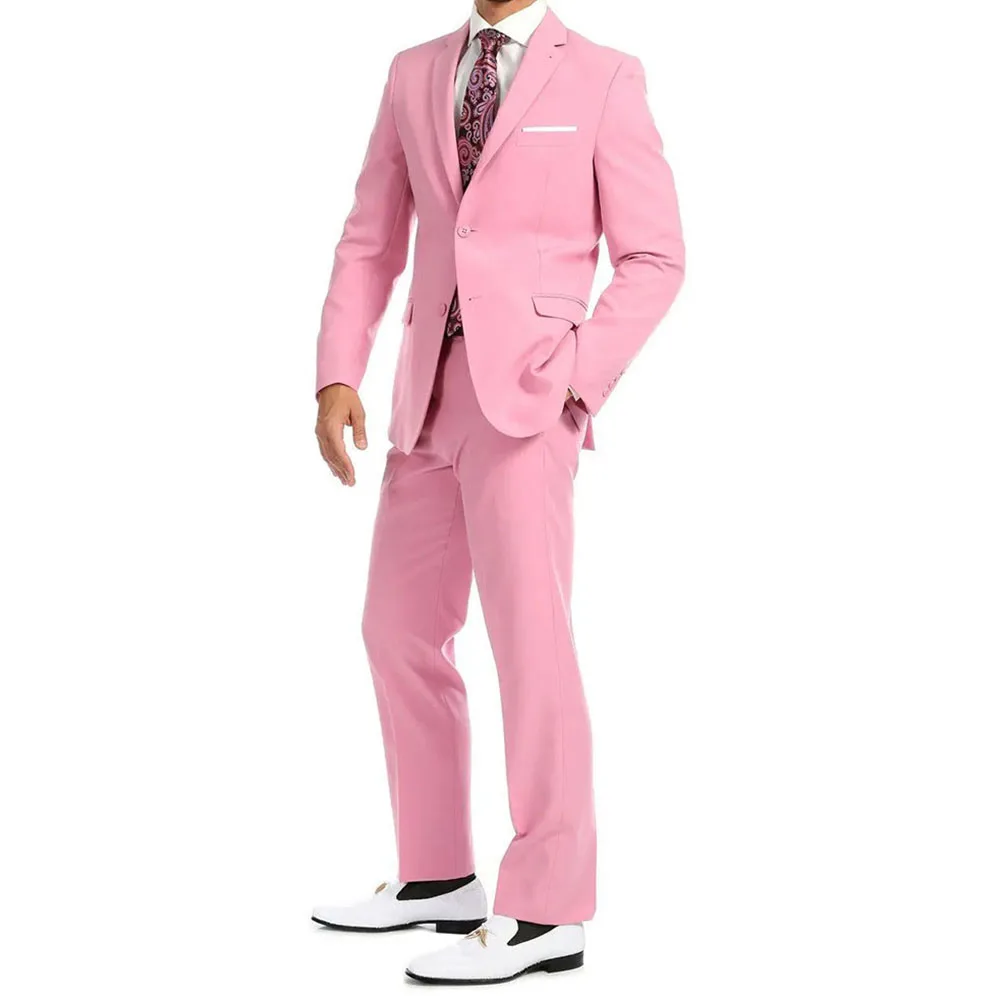 Pink Chic Single Breasted Men Suits Slim Fit Notch Lapel Regular Length High Street 2 Piece Jacket Pants Blazer Elegant Full Set
