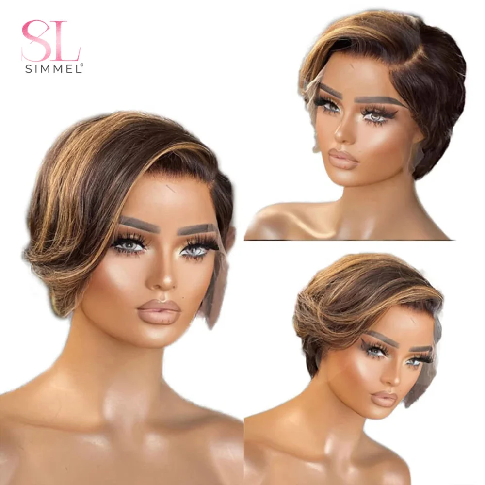 Wig potongan lurus Pixie sorot Wig rambut manusia renda T berwarna untuk wanita Wig renda transparan rambut manusia Brasil