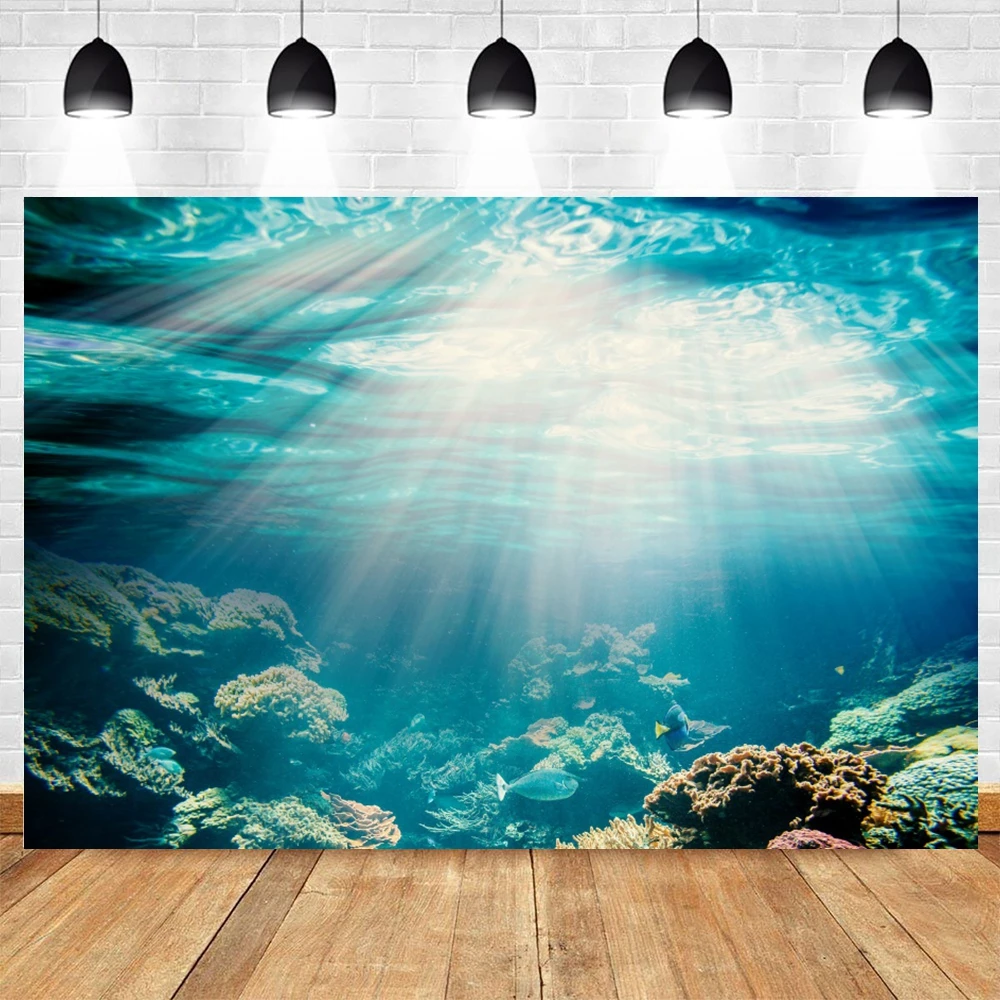 Underwater World Seabed Theme Photography Backdrop Ocean Undersea Sunlight Deep Blue Water Sun Ray Fish Tank Decor Background