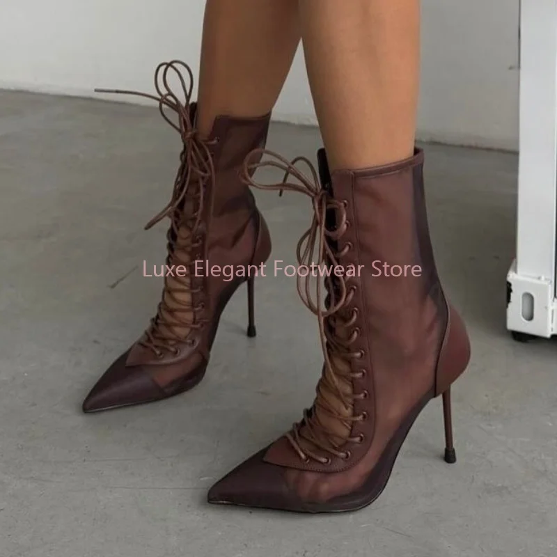 

Brown Mesh Cross Strap Thin Heel Sandals Boots Women Pointed Toe Leather Ankle Boots Street Style Summer Modern Shoes New Style