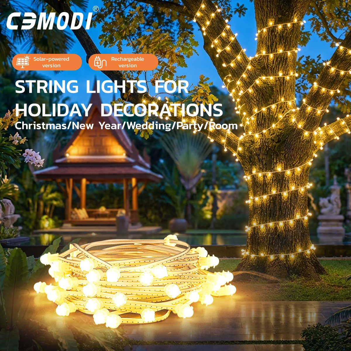 Solar 10M LED String Lights 50LEDs Warm White 3000K, IP65 Waterproof 8 Modes Timer USB-C Rechargeable for Outdoor Garden Party
