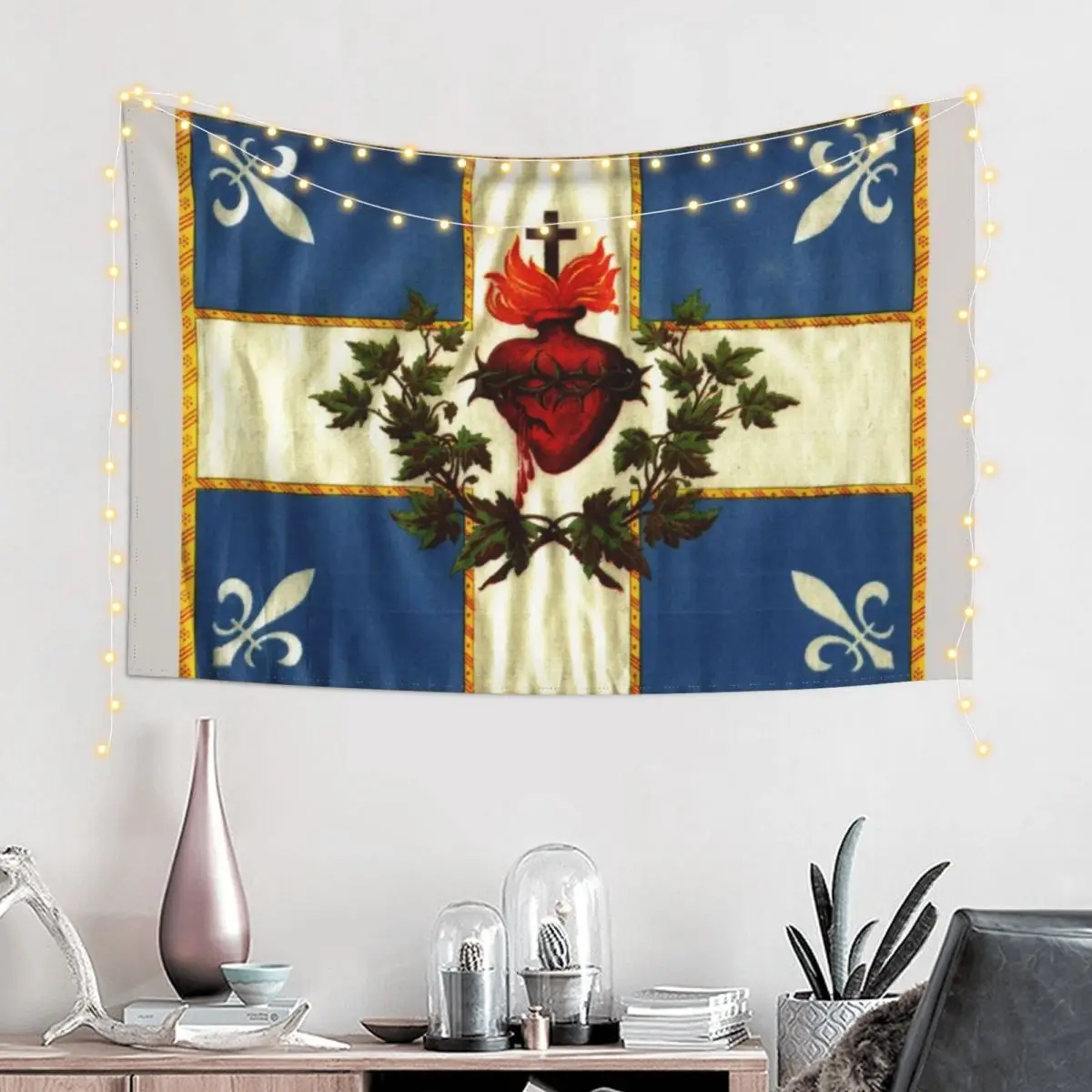 Quebec flag drapeau Québec Patriote Carillon Sacré-C?ur Christian Catholic old vintage edition with fleurs de lys HD HI Tapestry