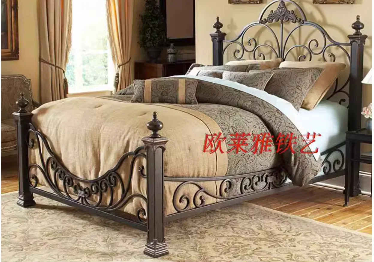 High-grade European wrought iron bed Master Bedroom Double bed 1.8m steel wood bed Iron bed classic