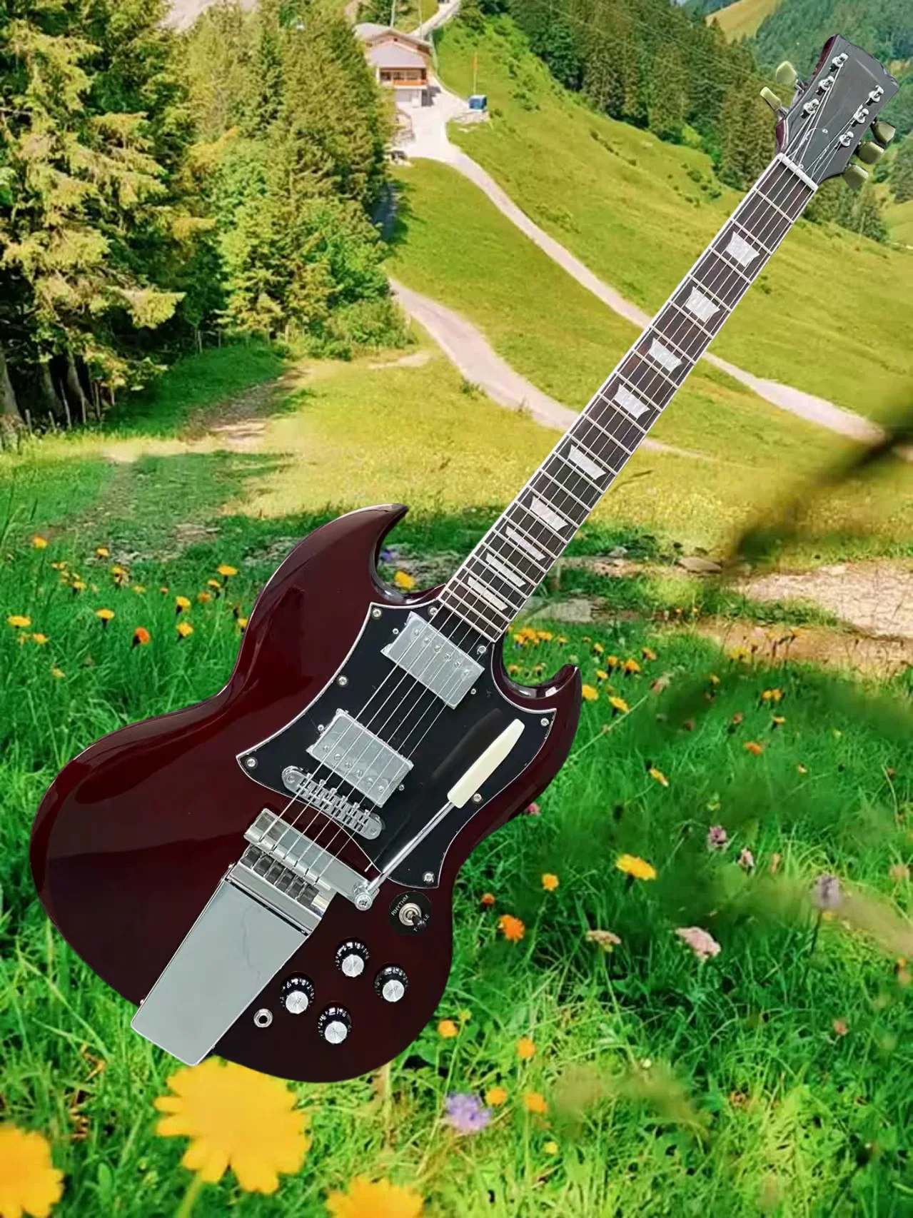 غيتار كهربائي Angus Young Wine Cherry Red SG منقوش عليه قيثارة طويلة فيبروولا مايسترو تريمولو، ترصيع شبه منحرف لؤلؤي، موالفات Tuilp