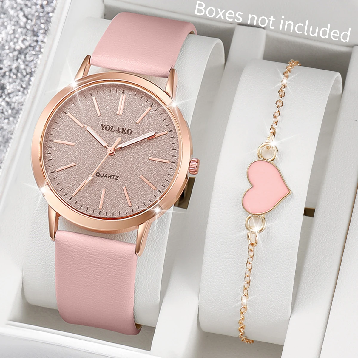 2PCS/Set Women Fashion Casual PU Leather Strap Quartz Watch with Heart-shaped Bracelet（Box not included）