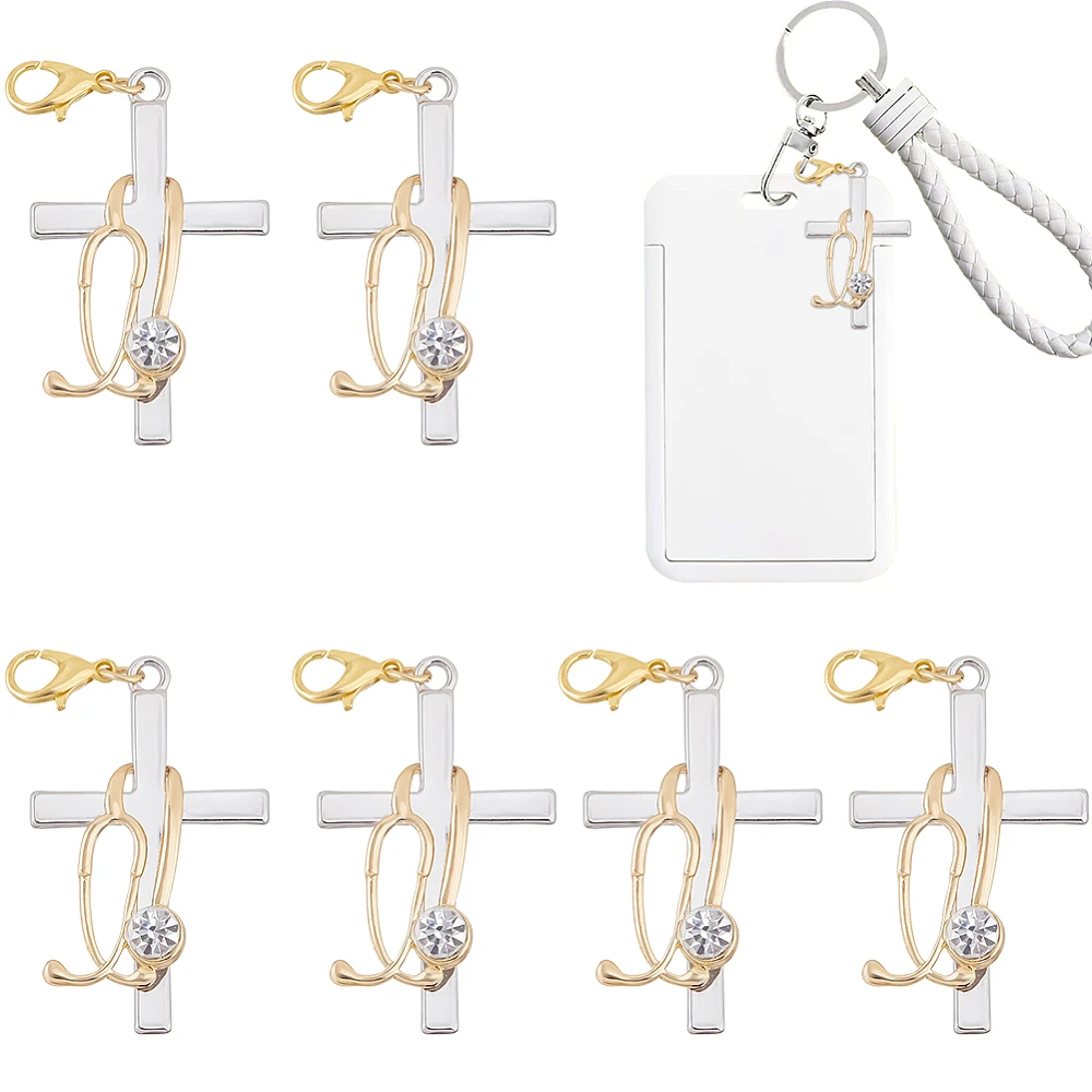 6Pcs with Stethoscope Charm Alloy Nurse ID Holder Charm 5.5cm Gold Medical Badge Reel Accessory Healthcare Worker Gift