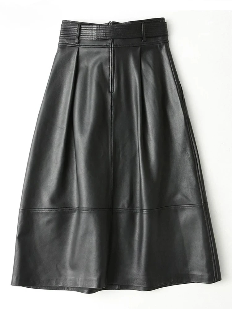 Fashion Premium Genuine Leather Half Skirt Spring Long Luxury Clothes for Women with Sashes High Waist High Black Skirt