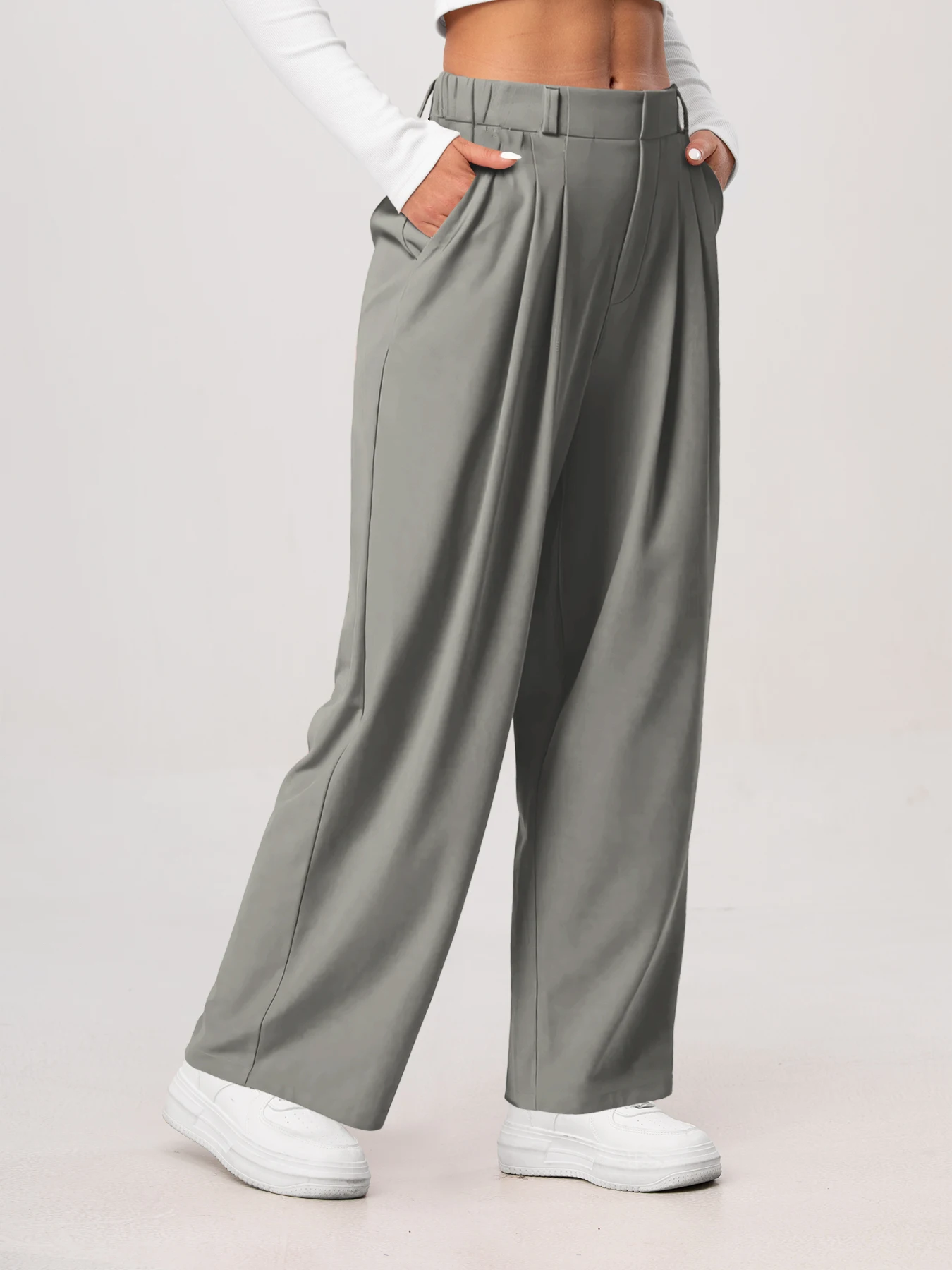 Damenhose, karierte, figurbetonte Hose mit weitem Bein und Taschen, hochtaillierte, lässige, figurbetonte Hose mit weitem Bein für Damen. – Detail 9