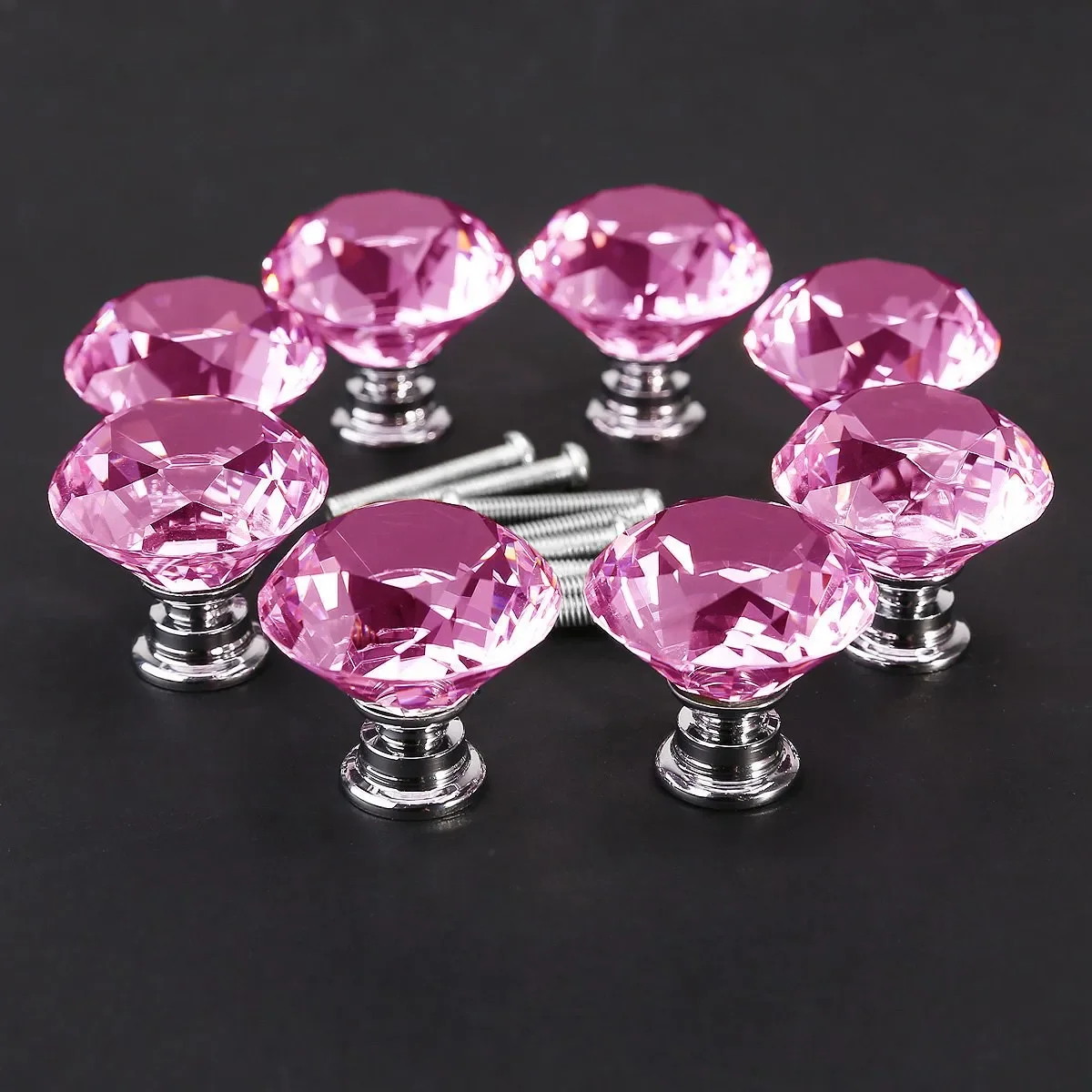 yes8Pcs 30Mm Pink Faceted Crystal Glass Door Knobs 27Mm Height with 25Mm Screw for Cupboard Drawer Cabinet Door Dresser Chest