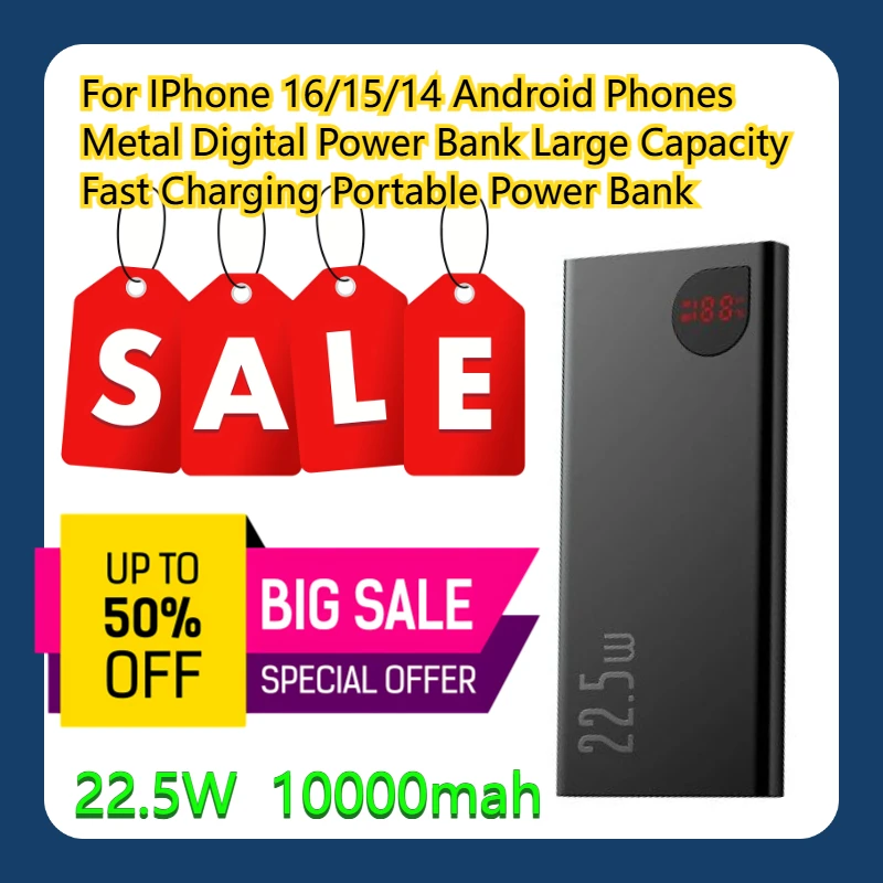 

For IPhone 16/15/14 Android Phones Metal Digital Power Bank 10000mAh Large Capacity 22.5W Fast Charging Portable Power Bank