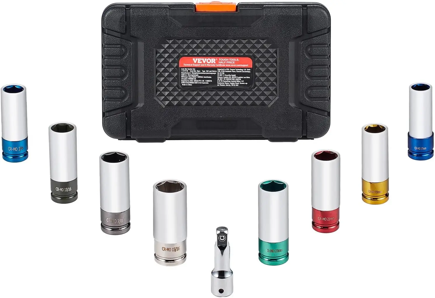 

9-Piece Lug Nut Impact Socket Set 1/2 Inch Drive, Metric and SAE, 6-Point, CR-MO Deep Wheel Protector with Storage Case and