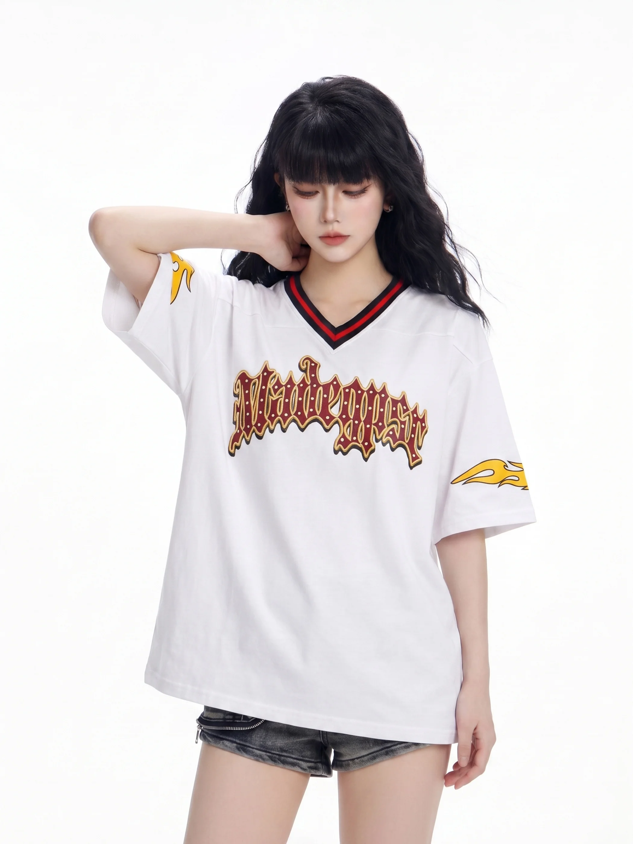 

Loose Oversize Short Sleeve T-Shirt Women's Dance Streetwear Beer Captain American Letter Print Breathable Cotton V-Neck Tee
