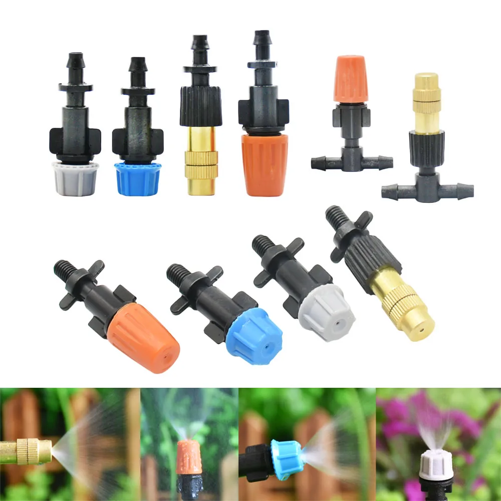 Micro Drip Irrigation Misting Nozzle Adjustable Spray Cooling Sprinkler 1/4 Tee Barb Connector For Garden Greenhouse