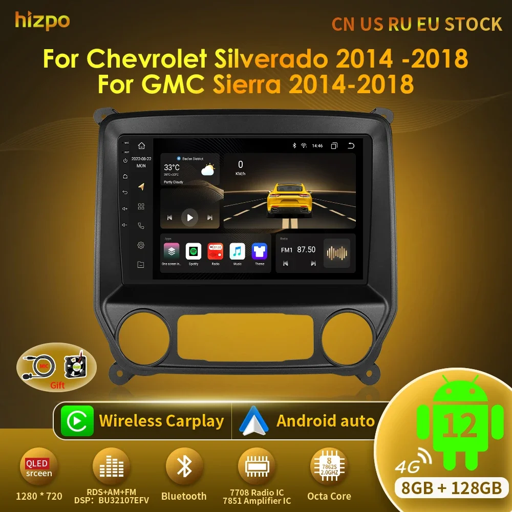 

Hizpo Car Radio Navigation For Chevrolet Silverado GMC Sierra 2014 - 2018 GPS Android Auto QLED Stereo Video 5G Wifi No 2din DVD