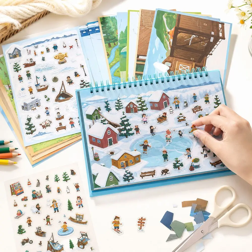 Kawaii Design 3D Scenery Stickers Spiral Bound Repositionable Miniature Scene Sticker Cartoon Pattern Pre Cut Stickers