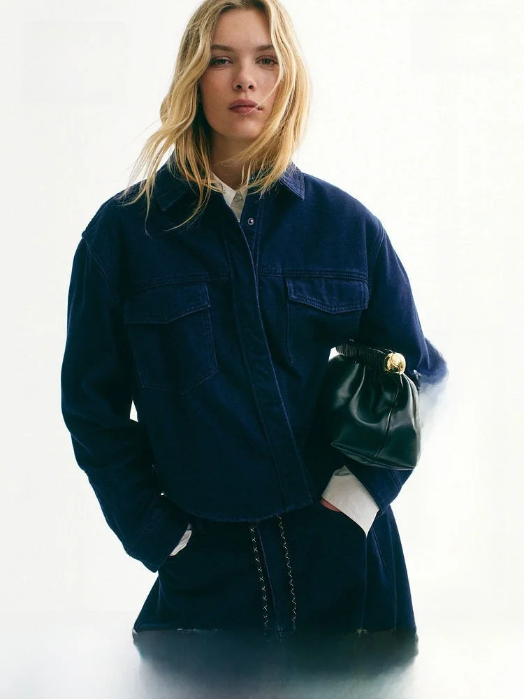 

H&M Summer New Women's Denim Shirt Casual Style Long Sleeve Button Detail Cotton Polyester Blend Comfortable Fit Women's Shirt