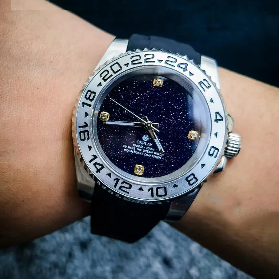 OKPLAY Men Automatic Watch 40mm Customized Modified Mechanical Wristwatch 10ATM Waterproof Luminous NH35 Fluororubber Strap