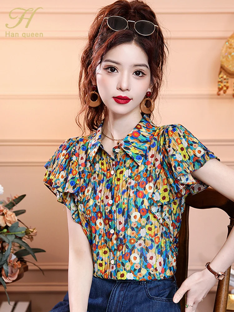 H Han Queen Summer Elegant Chic Office Print Vintage Tops Chiffon Short Sleeve Blouse Women Loose Casual Shirts Woman Clothing