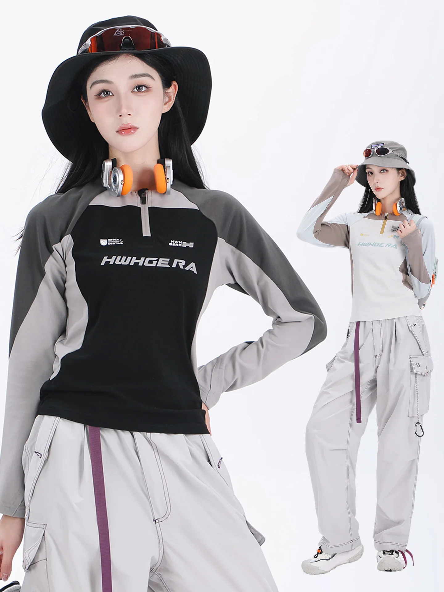 

Autumn new outdoor sports motorcycle round neck T-shirt for female students, contrasting color splicing slim fit and slimming to