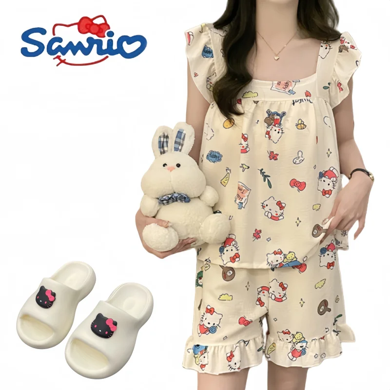 

Пижамы без рукавов Hello Kitty, комплект из двух предметов, одежда для дома с короткими рукавами, удобные пижамы, которые можно носить на улице, праздничные подарки, подарок