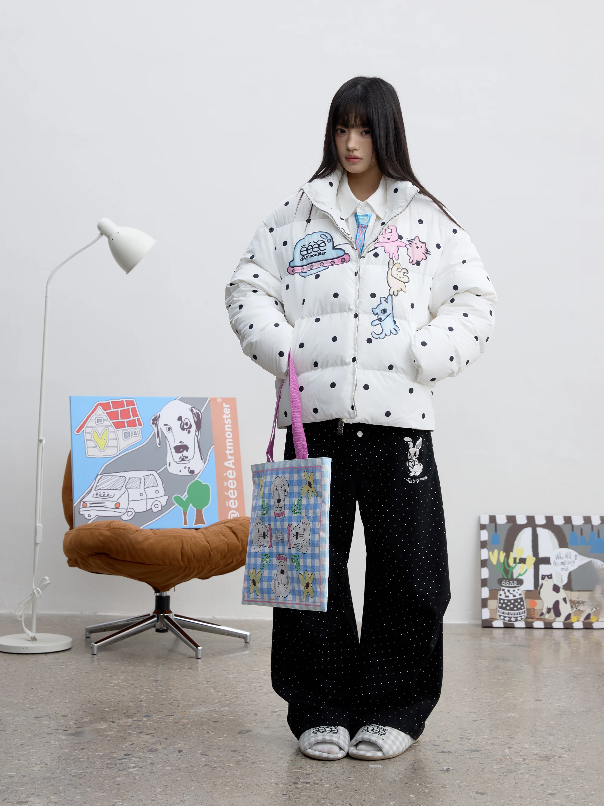 Flash Starship Polka Dot Print Graffiti  Dog UFO down Jacket Youth Casual Warm Long Sleeve Zipper Closure Regular Fit Coat