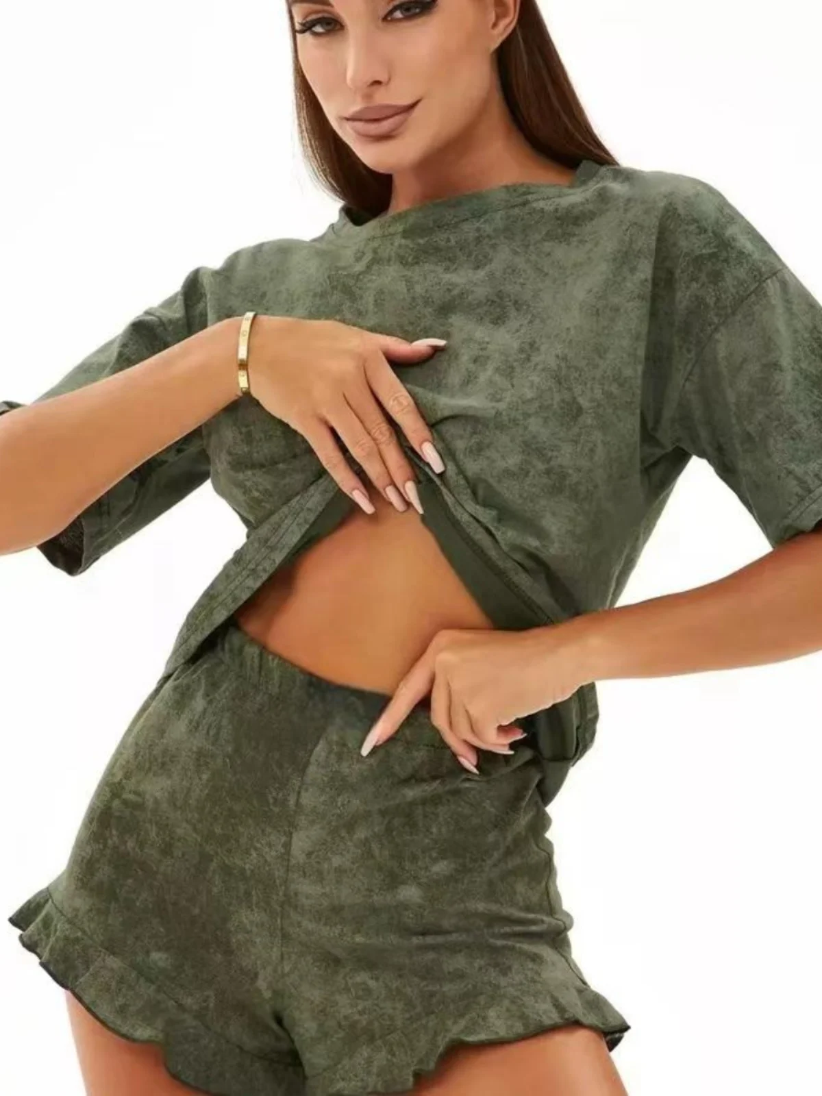 

Lotus Le ort Sve Top And orts Set Home Clothes Simple Sle round Ne Pullover Pure Color Summer Home Suit