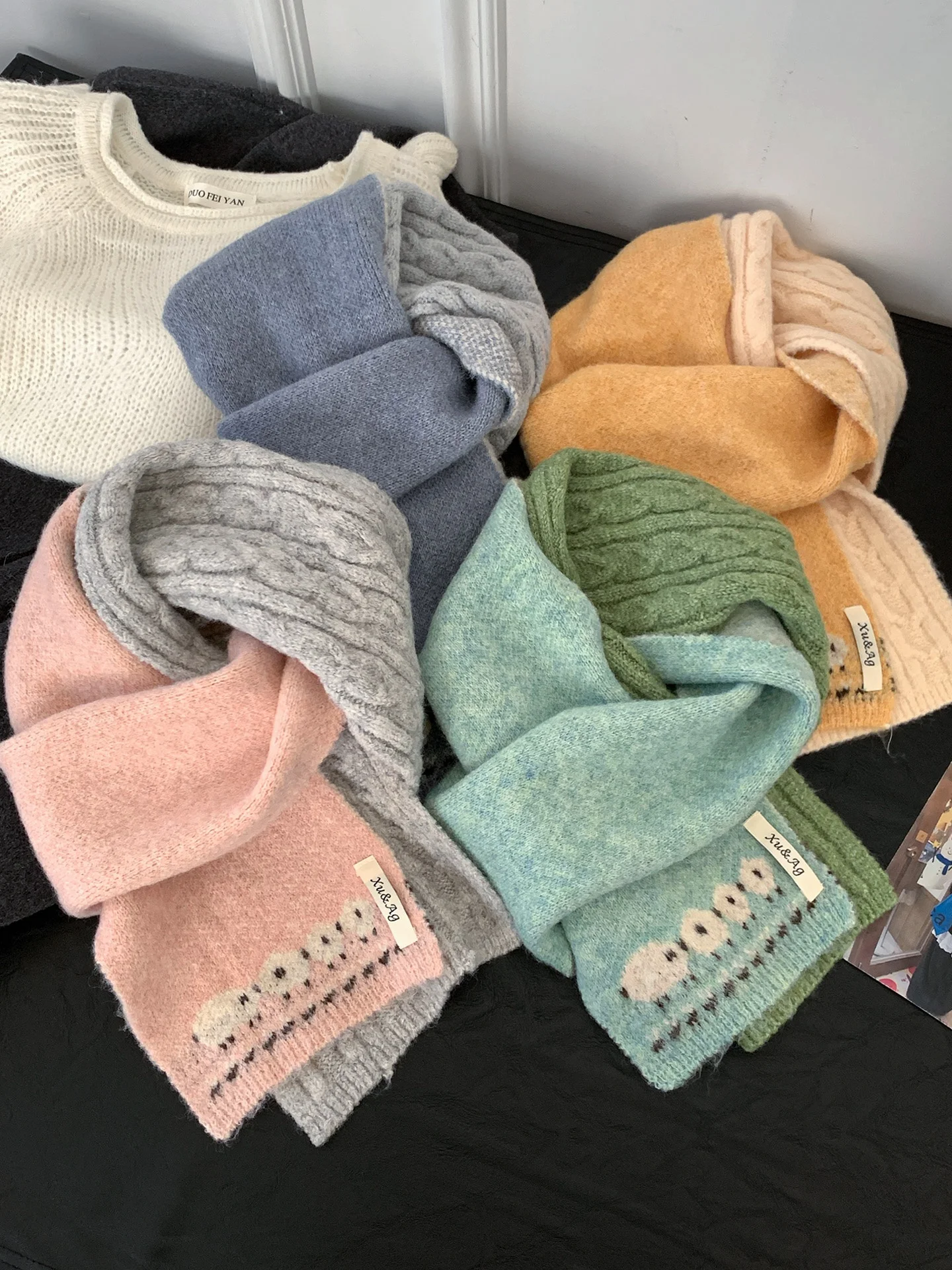 Korean Style Warm Knitted Scarf Double Sided Wearable Cute Sheep Pattern Color Block Scarf for Women Neck Protection Accessory