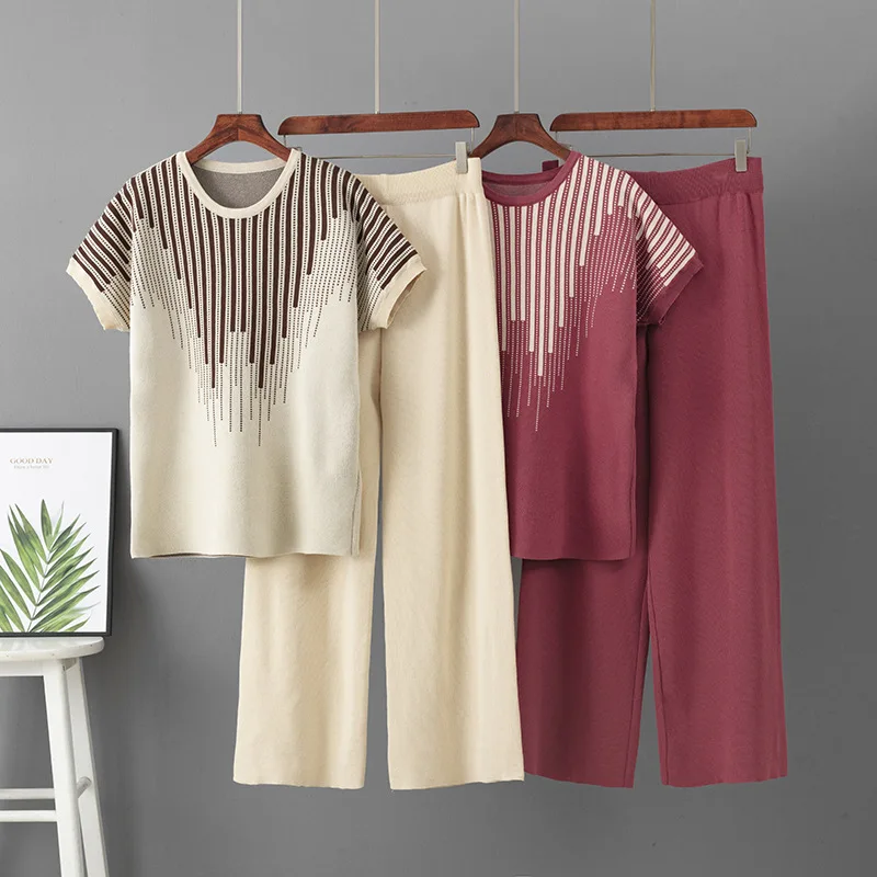 

Casual Thin Fashion Knit Short Sleeve T-shirt 2-Piece Set Summer New Striped Short Sleeve Loose Wide Leg Pants Set Women's Sets