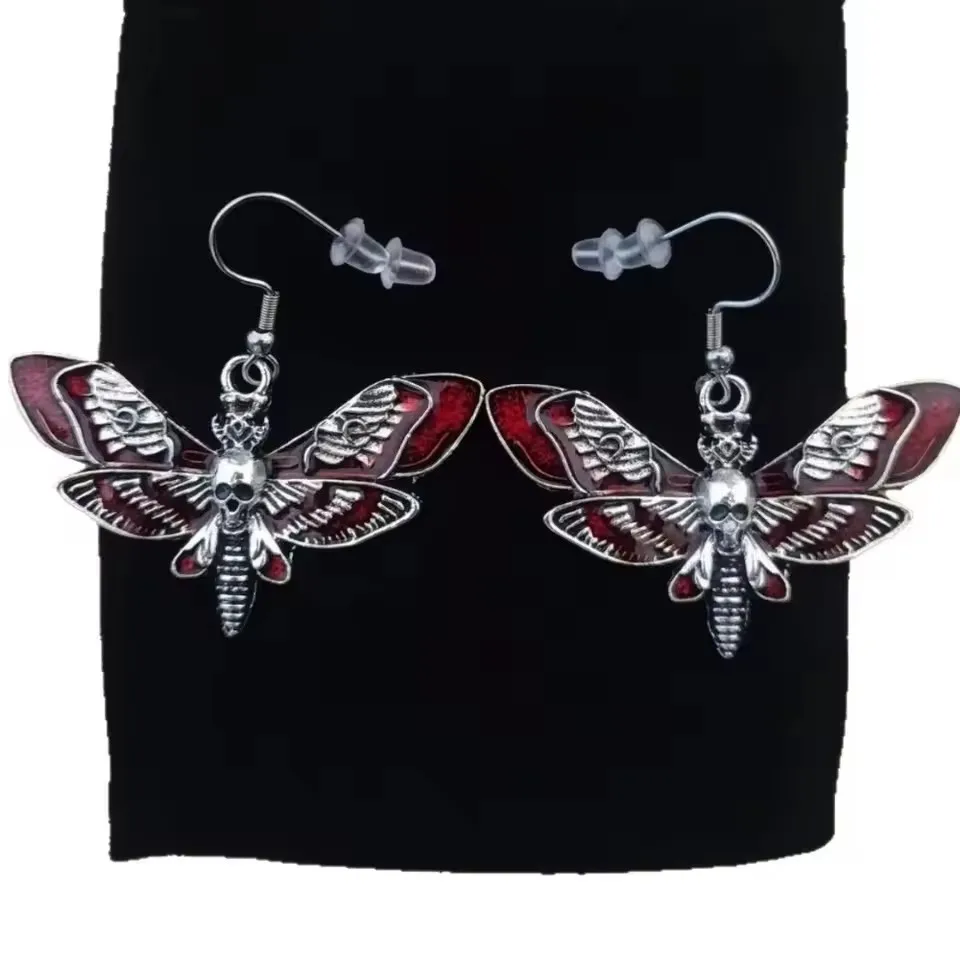 Personality Gothic Blood-red Death Moth Skull Dangle Earrings for Women Halloween Party Demon Style Jewelry Accessories Gifts