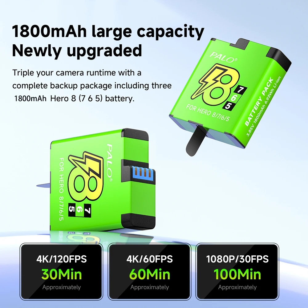 For GoPro 8 Go Pro Hero 7 6 Battery Pack 1800mAh Batteries with Led USB Type C Charger for GoPro Hero 5 Replacement Battery Kit