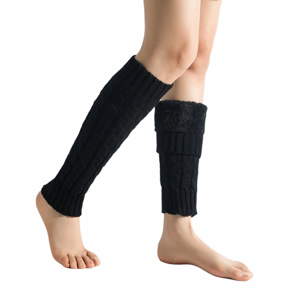 

Twist Pattern Knitting Leg Warmers Double-Layered Fleece-Lined Women Leg Warmers Thicken Warm Solid Color Ankle Warmer
