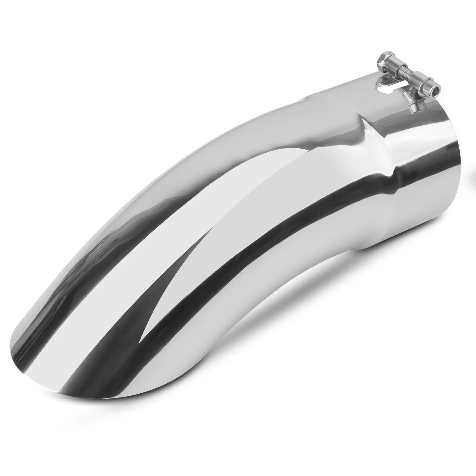 

Polished Stainless Steel 5 Inlet 5 Outlet Curved Turn-Down Exhaust Tip, 15 Length, Bolt-On Sleek Angled Cut Tailpipe