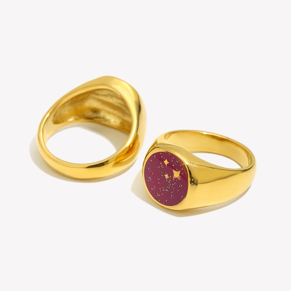 Round Circle Star Moon Universe Starry Sun Colorful Enamel Stainless Steel Singet Rings For Women Golden Ring Jewelry