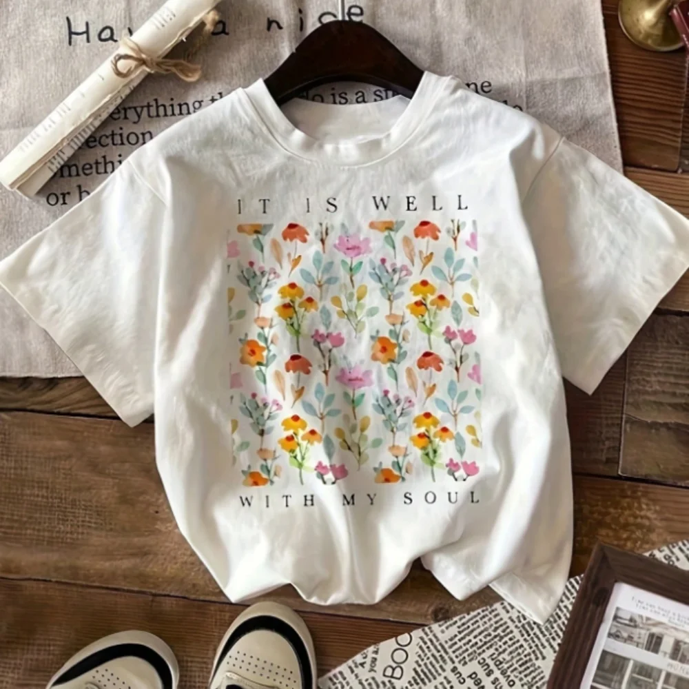 Camiseta de mujer de algodón puro con cuello redondo, manga corta, estampado de puesta de sol tropical, playa, primavera y verano, informal, suave patrón de palmera