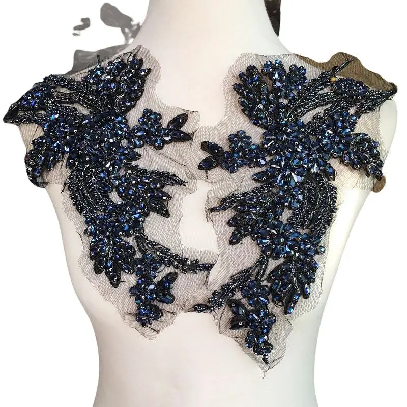 

Big Luxurious Dark Blue Glass Crystal Applique Fashion Garments Accessory Hand-Sewed Crystal Trims For Dress Ornaments